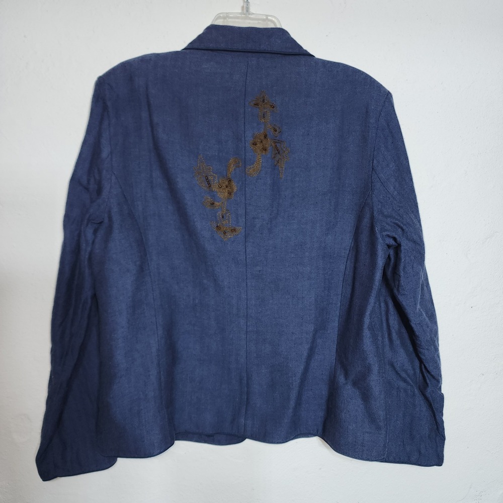 Coldwater Creek Blazer L Blue Bronze Embroidered Beaded Cotton Herringbone - Picture 10 of 13